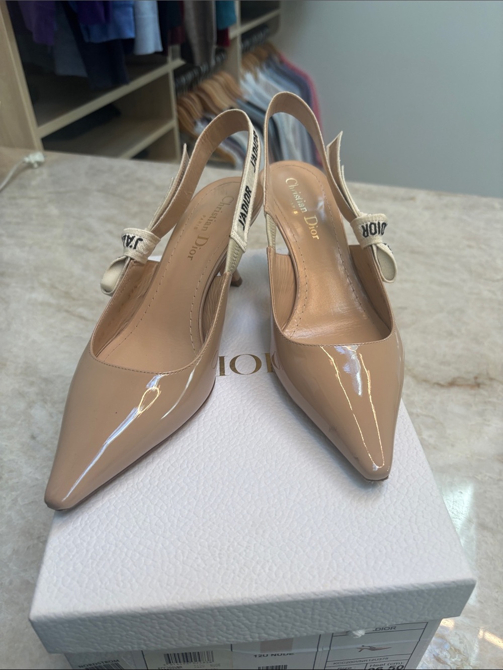 Christian Dior Patent Leather Slingback Pumps in Nude Beige
